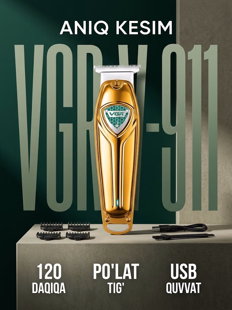 VGR V-911 Soch va Soqol Trimmeri, 120 min ish vaqti, USB, Oltin