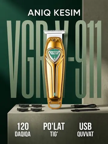 VGR V-911 Soch va Soqol Trimmeri, 120 min ish vaqti, USB, Oltin