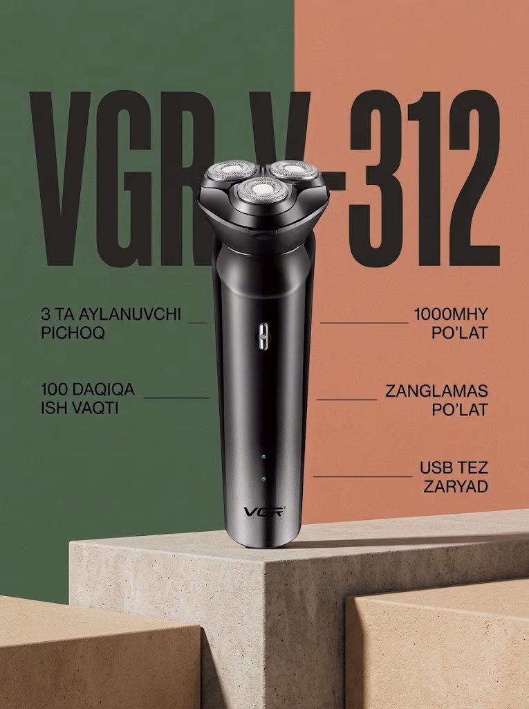 VGR V-312 Soqol olish mashinasi, zanglamaydigan po'lat pichoq, 600mAh batareya, 100 daqiqa ishlash