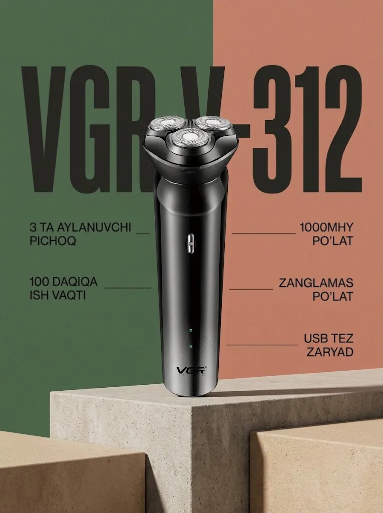 VGR V-312 Soqol olish mashinasi, zanglamaydigan po'lat pichoq, 600mAh batareya, 100 daqiqa ishlash