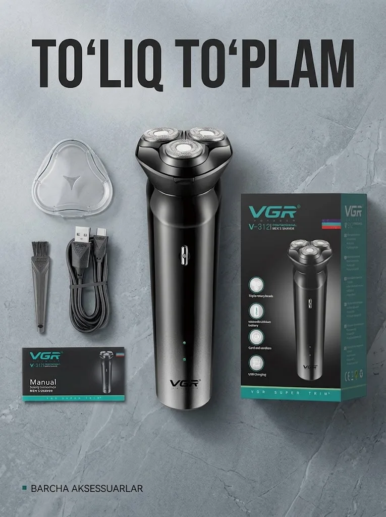 VGR V-312 Soqol olish mashinasi, zanglamaydigan po'lat pichoq, 600mAh batareya, 100 daqiqa ishlash - 5