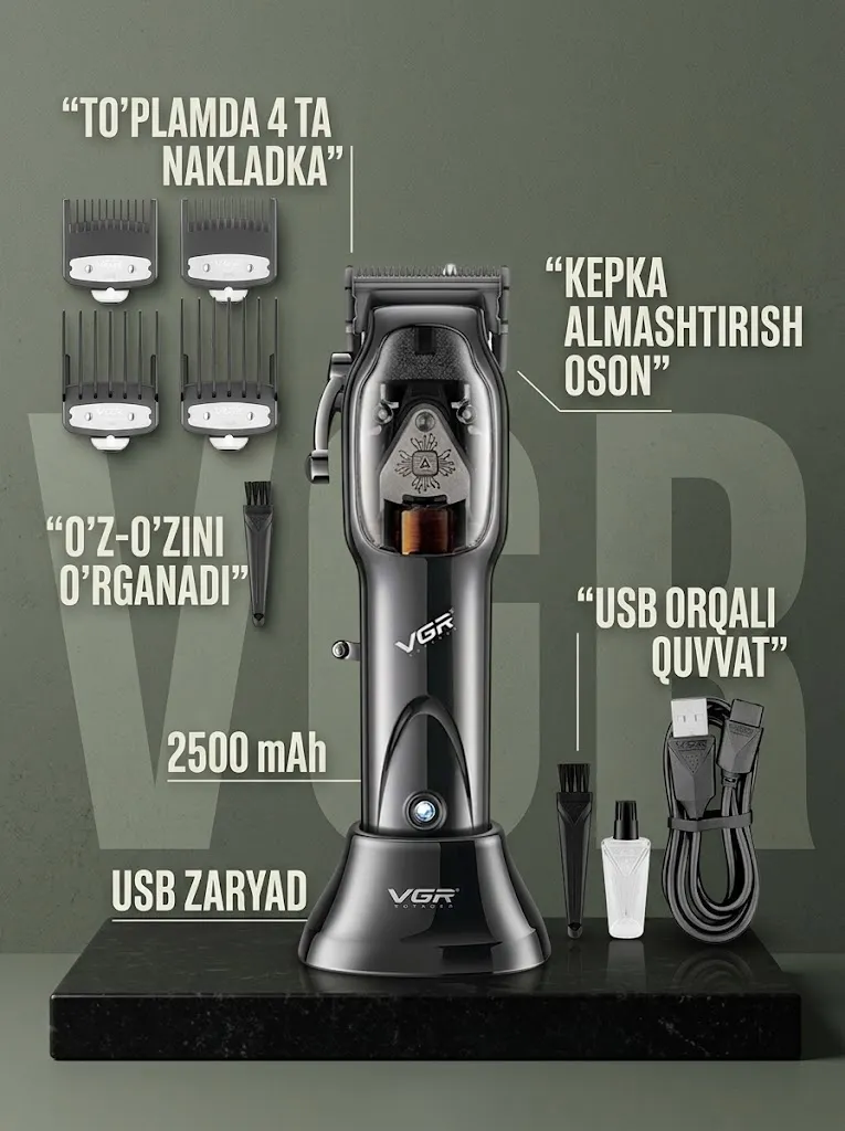 VGR V-653 Soch-Soqol Trimeri, DLC Pichoqlar, 2500mAh Batareya, 100 Daqiqa Ish Vaqti