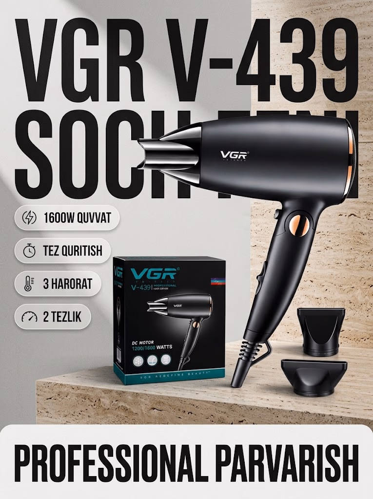 VGR V-439 Black Fen 1600W, 50mm Metall Ust, Tezkur Quritish