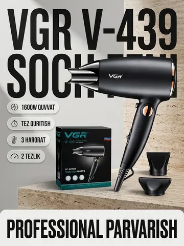 VGR V-439 Black Fen 1600W, 50mm Metall Ust, Tezkur Quritish