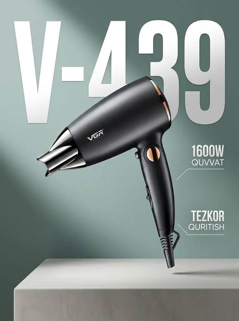 VGR V-439 Black Fen 1600W, 50mm Metall Ust, Tezkur Quritish