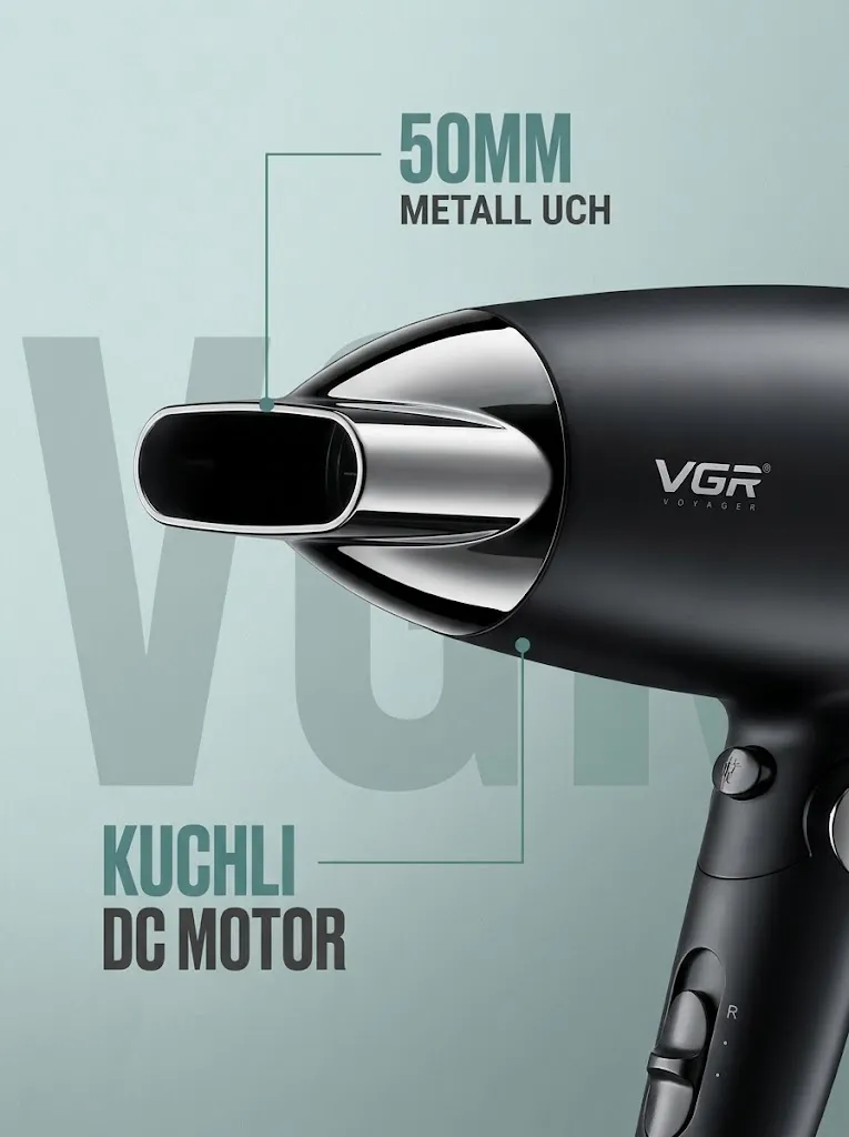 VGR V-439 Black Fen 1600W, 50mm Metall Ust, Tezkur Quritish