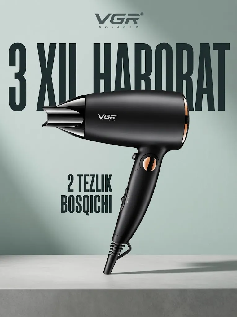 VGR V-439 Black Fen 1600W, 50mm Metall Ust, Tezkur Quritish
