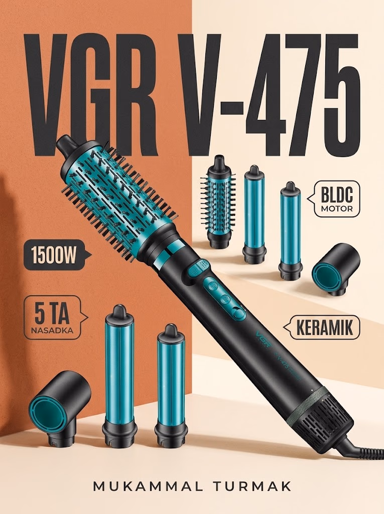 VGR V-475 ko'p funktsiyali stayler: fen-cho'tka, soch olish mashinasi, keramik, 1500W