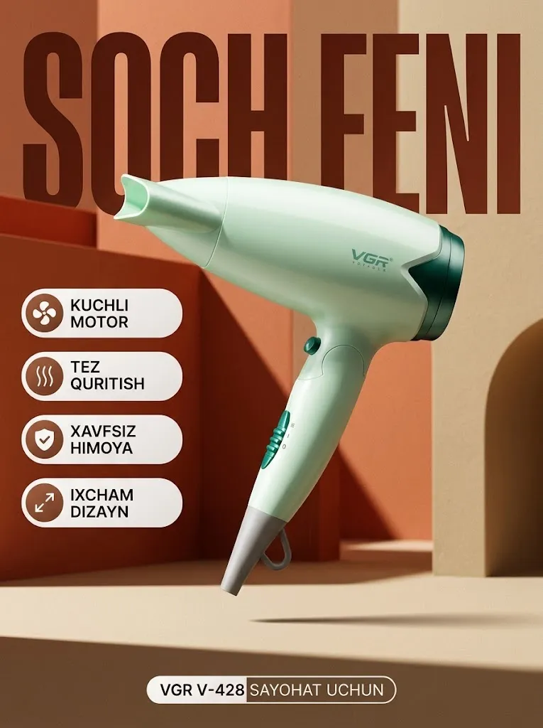 VGR V-428 Soch feni, 1000 Vt, buklanadigan ixcham sayohat feni