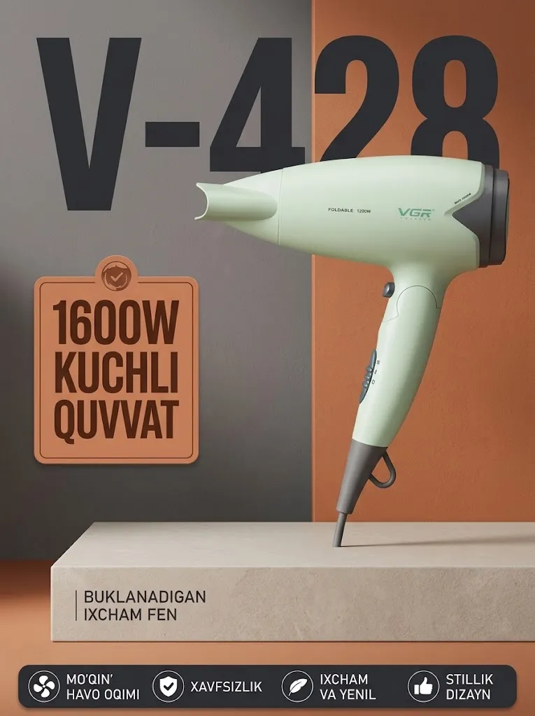 VGR V-428 Soch feni, 1000 Vt, buklanadigan ixcham sayohat feni