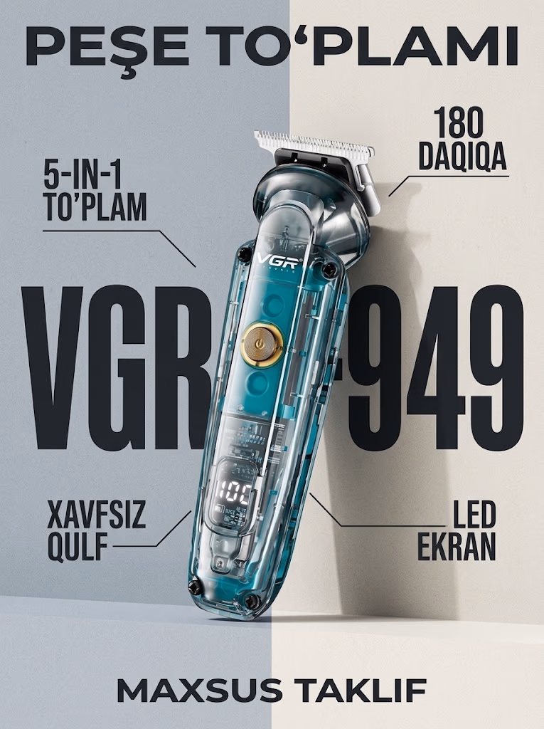 VGR V-949 Trimmer 5v1: Soqol va Burun, 180 daq Ishlash