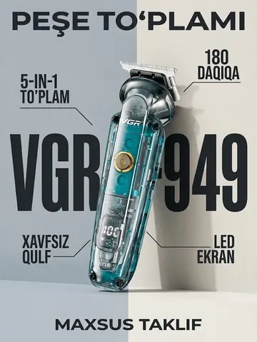 VGR V-949 Trimmer 5v1: Soqol va Burun, 180 daq Ishlash