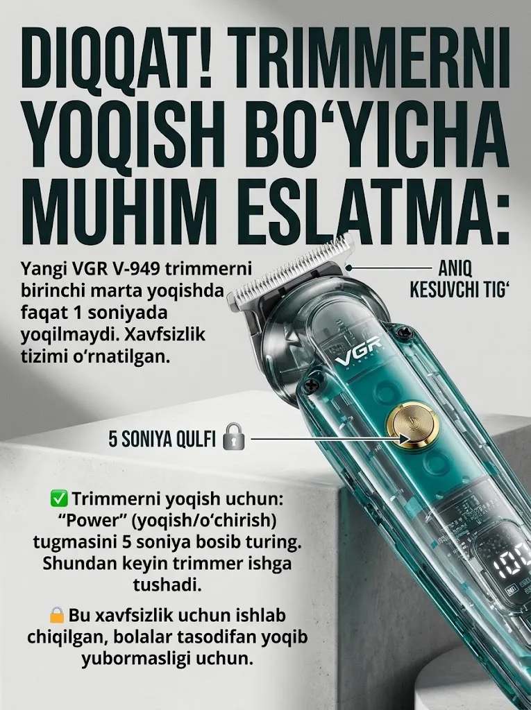 VGR V-949 Trimmer 5v1: Soqol va Burun, 180 daq Ishlash - 3