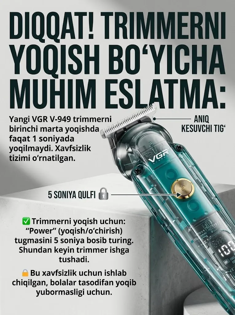 VGR V-949 Trimmer 5v1: Soqol va Burun, 180 daq Ishlash