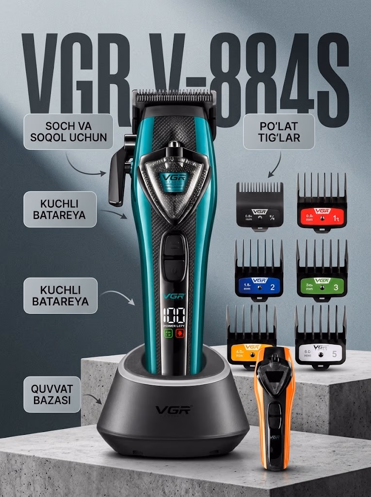 VGR V-884S 2v1 soch mashinkasi va trimmer, suv o'tkazmaydigan, kuchli batareya