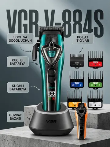 VGR V-884S 2v1 soch mashinkasi va trimmer, suv o'tkazmaydigan, kuchli batareya