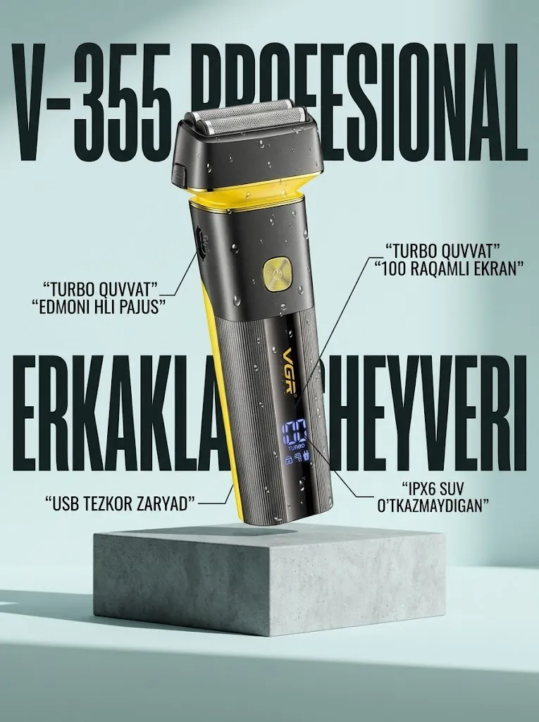 VGR V-355 Soqol Mashinasi | USB Zaryadli, 100 Dk Autonomiya, Po'lat Pichoqli