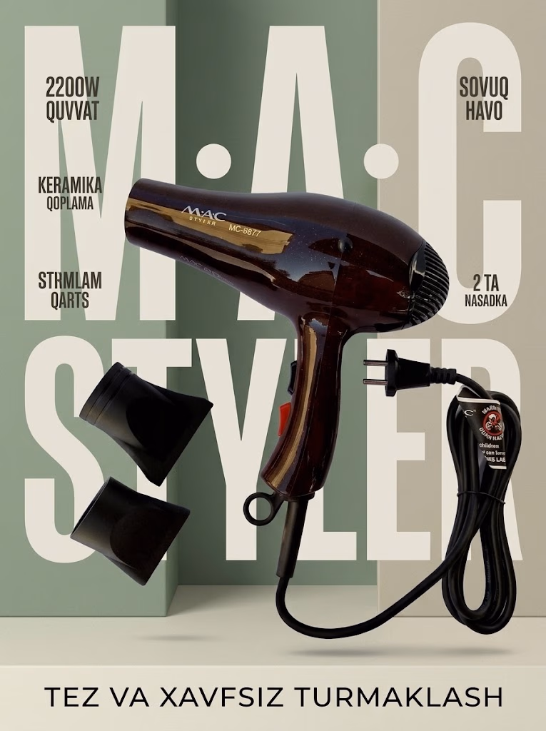 M·A·C STYLER MC-8877 Fen, keramikali qoplama, 2200 W katta quvvat