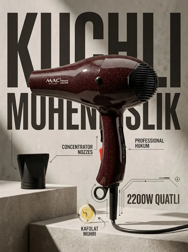 M·A·C STYLER MC-8877 Fen, keramikali qoplama, 2200 W katta quvvat