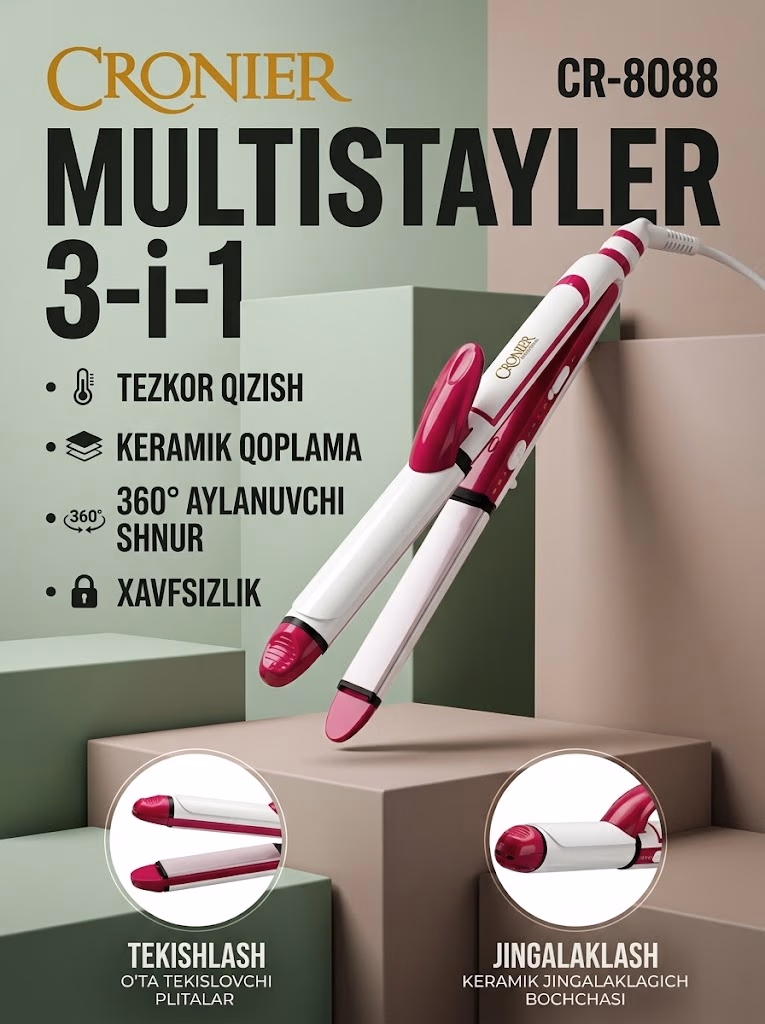 Cronier CR-8088 3v1 Multistayler: Keramika soch dazmoli vajingalak qilish asbobi