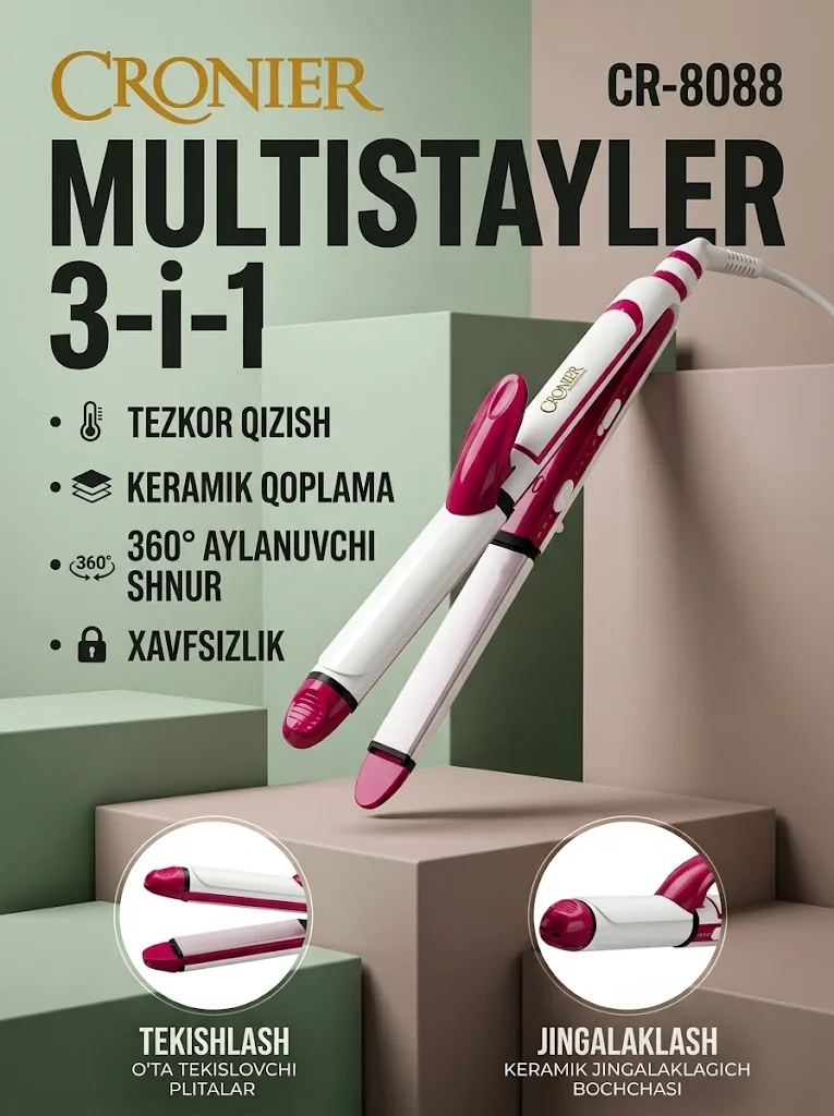 Cronier CR-8088 3в1 Мультистайлер: керамический выпрямитель и щипцы для создания локонов