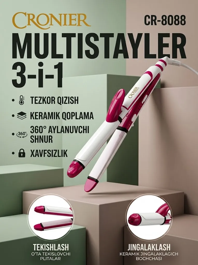 Cronier CR-8088 3v1 Multistayler: Keramika soch dazmoli vajingalak qilish asbobi