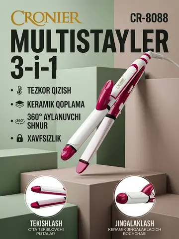 Cronier CR-8088 3v1 Multistayler: Keramika soch dazmoli vajingalak qilish asbobi