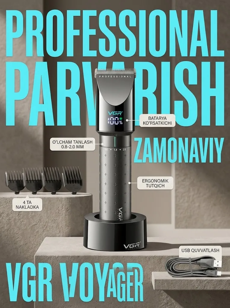 VGR V-698 soch va soqol mashinkasi, keramik pichoq, 2000mAh USB batareya