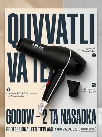J·R·M STYLER JRM 9902 Professional Fen (6000W, Nashadka & Taroq bilan)
