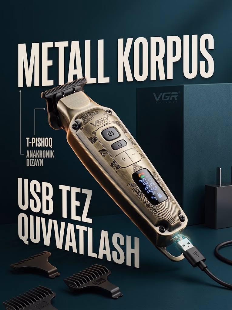 VGR V-901 Professional Trimmer: LED Ekran, 4 Tezlik (7000 RPM), 300 Minut - 4