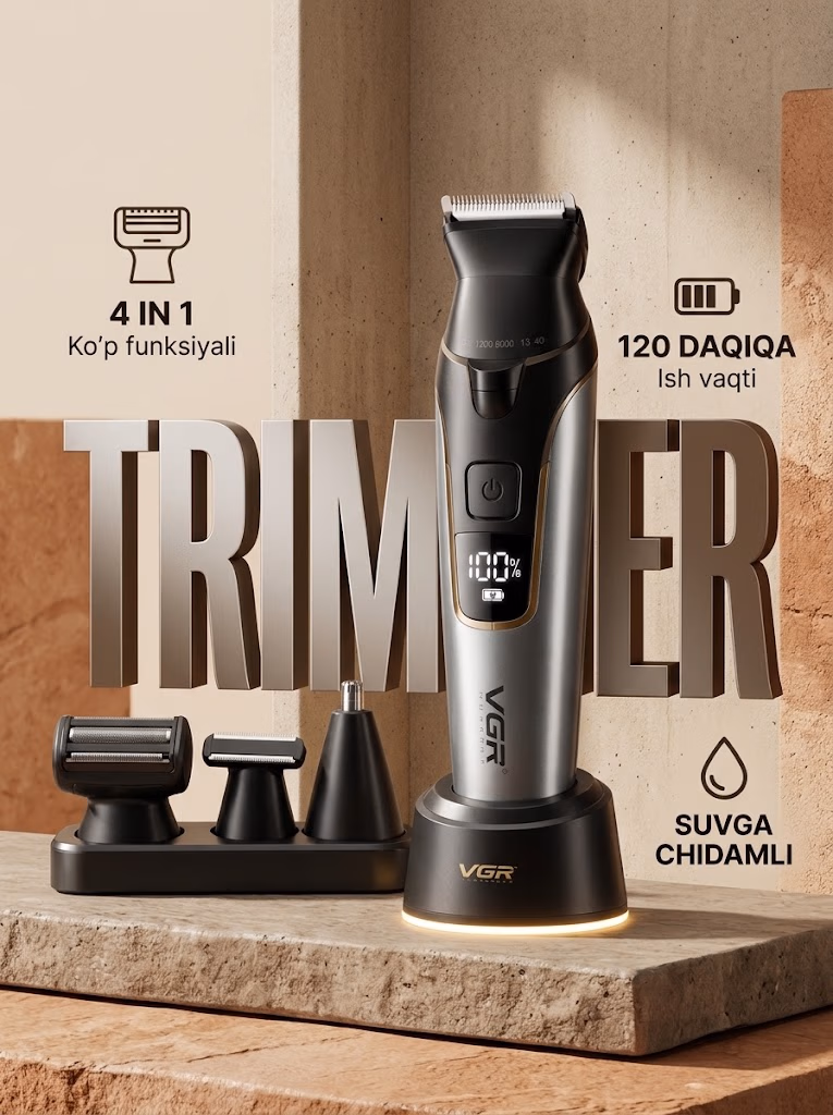 VGR V-634 4v1 trimmer, suv o'tkazmaydigan, 120 daqiqa ishlash vaqtli