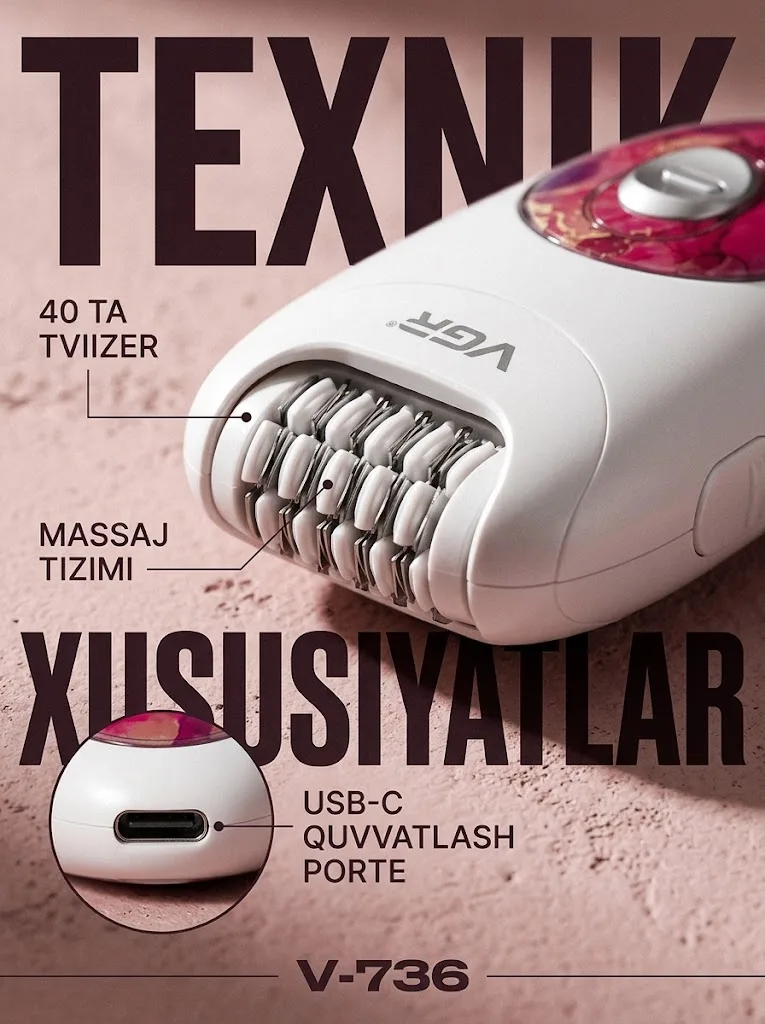 VGR V-736 Epilyator, Type-C, 600mAh, 2 tezlik - 3