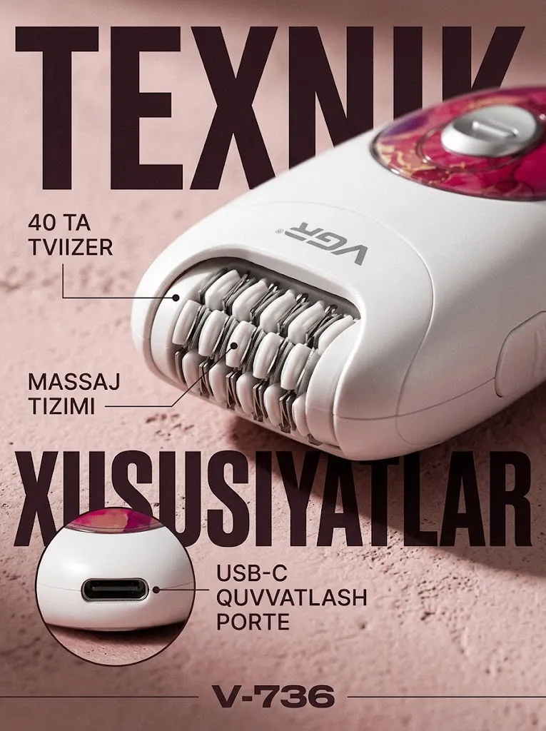 VGR V-736 Epilyator, Type-C, 600mAh, 2 tezlik