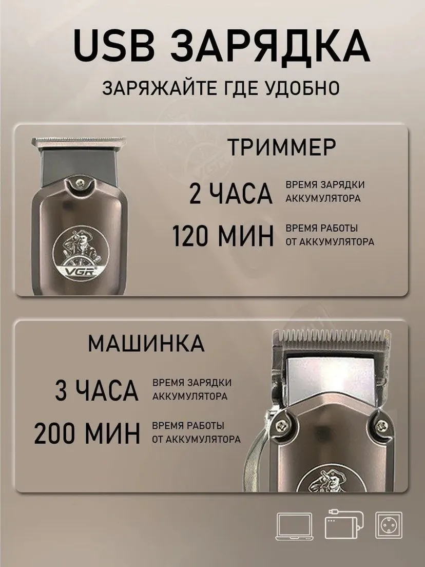 Профессиональный триммер для волос и бороды VGR V-675 S2-SERIY, Серый
