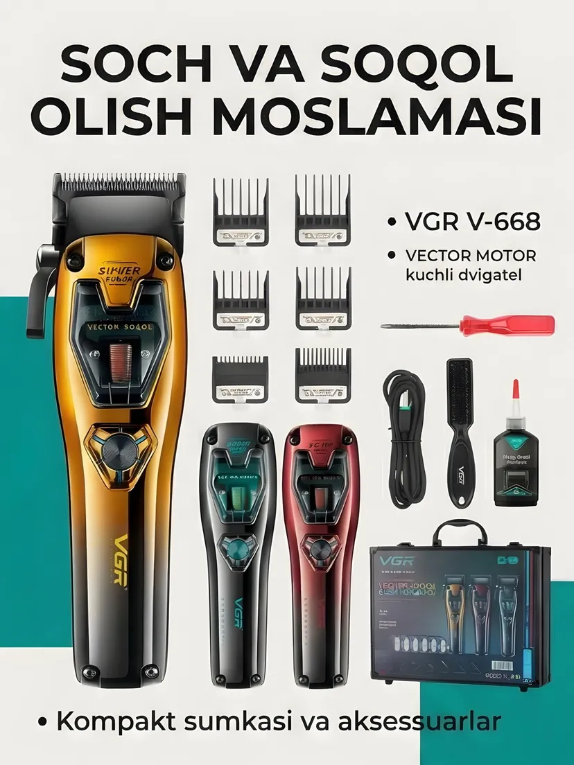 VGR V-668 Professional Soch Trimmeri, Vector Motor 8000-11000 RPM, 2800mAh, Oltin