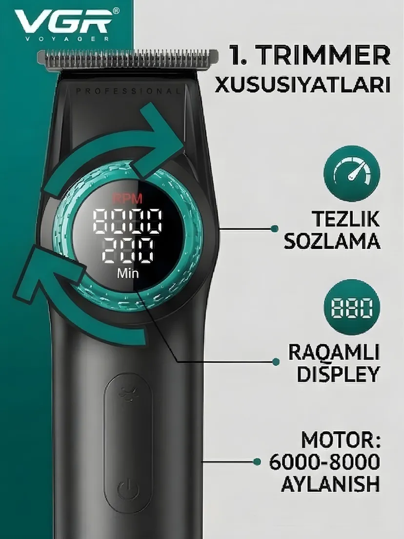 Профессиональный триммер для волос и бороды VGR V-977/377 S2, Черный
