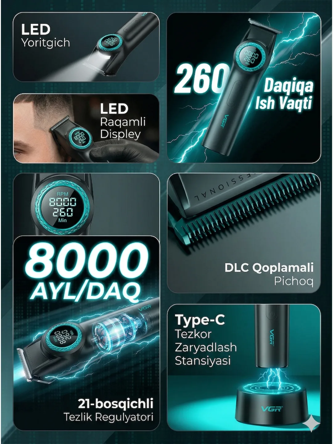 Professional soch kesish mashinkalari to'plami 3ta 1da VGR v-001 v-977 v-377,