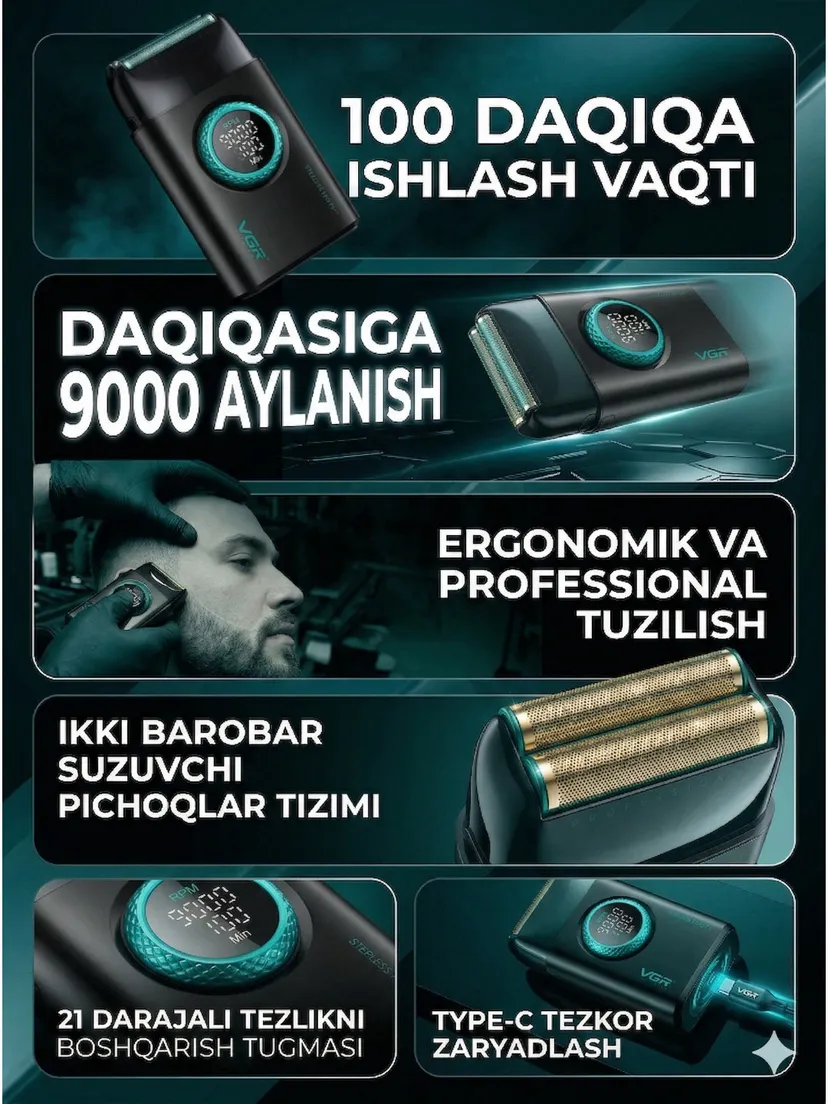 VGR STEPLESS PRO 3IN1 (V-001 PRO) professional soch va soqol olish mashinkasi to'plami, BLDC motorli, raqamli displeyli
