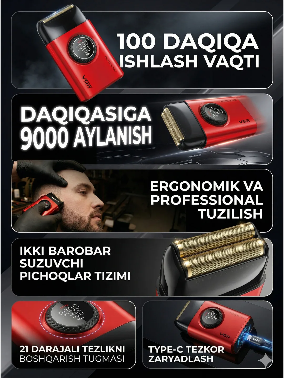 Professional soch kesish mashinkalari to'plami 3ta 1da VGR v-001 v-977 v-377,