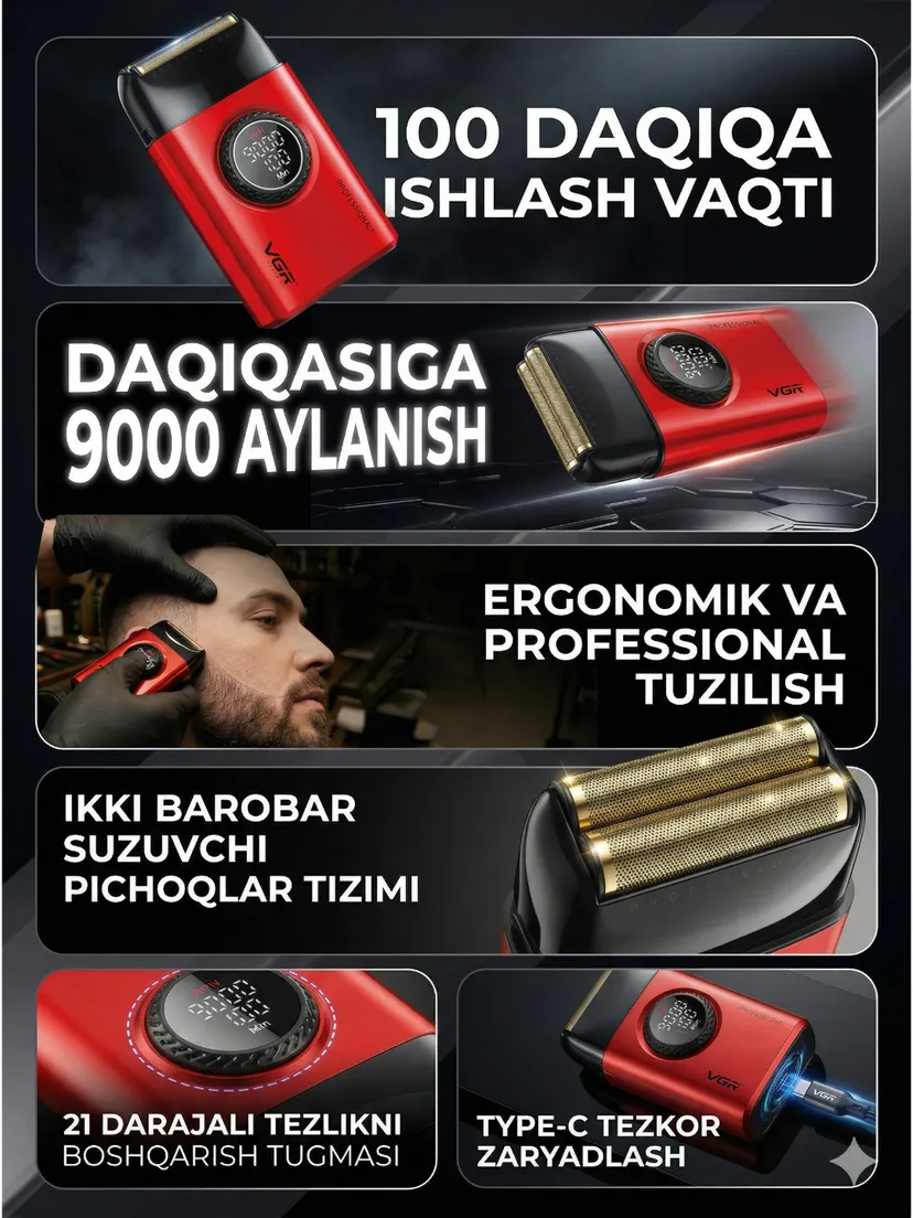 Профессиональный триммер для волос и бороды VGR STEPLESS PRO 3IN1, Красный