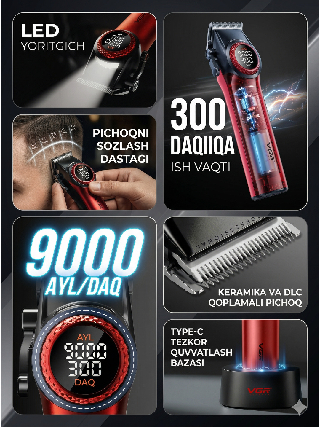 Professional soch kesish mashinkalari to'plami 3ta 1da VGR v-001 v-977 v-377, - 3