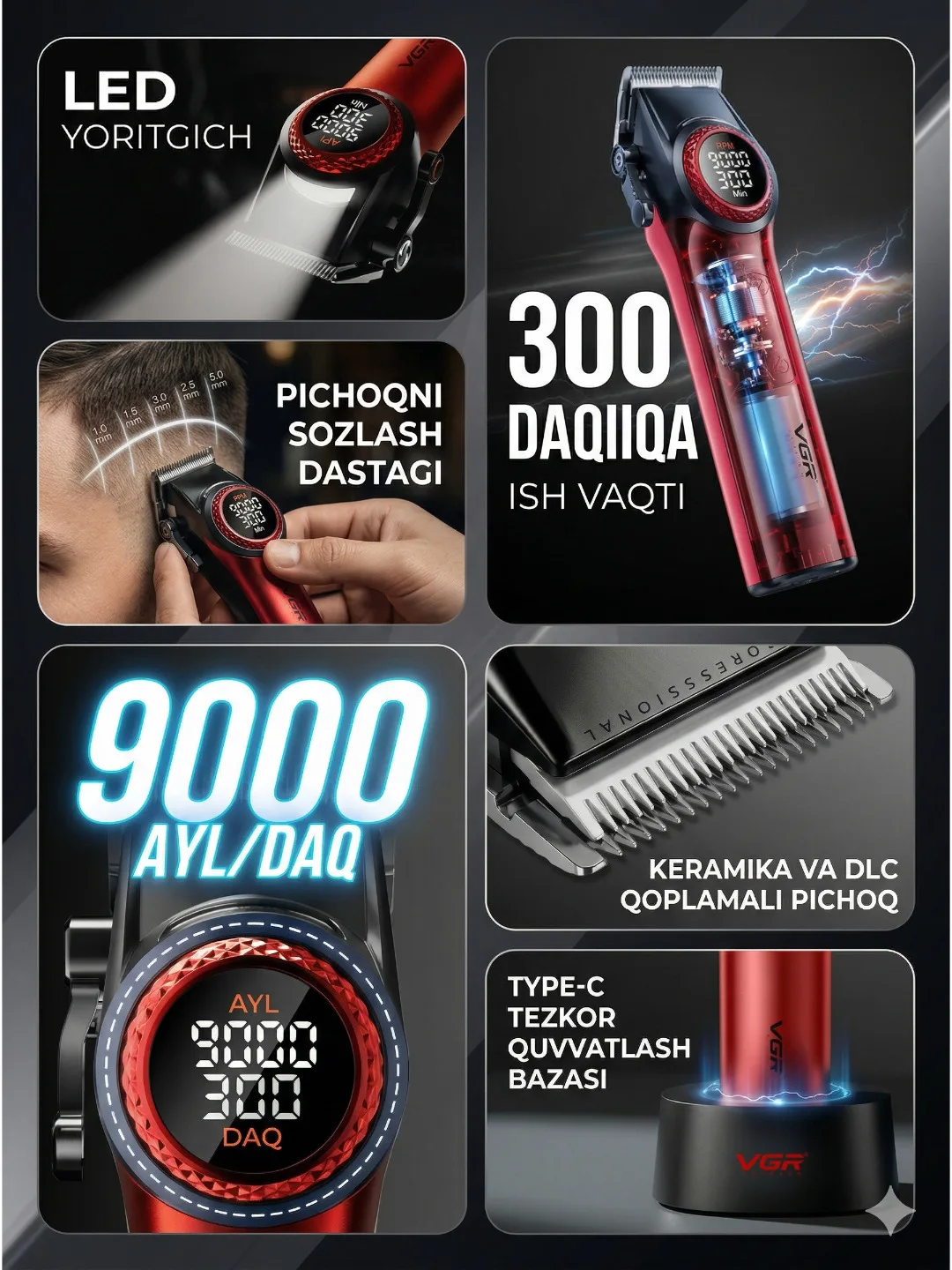 Professional soch kesish mashinkalari to'plami 4ta 1da VGR v-001 v-977 v-377, V401