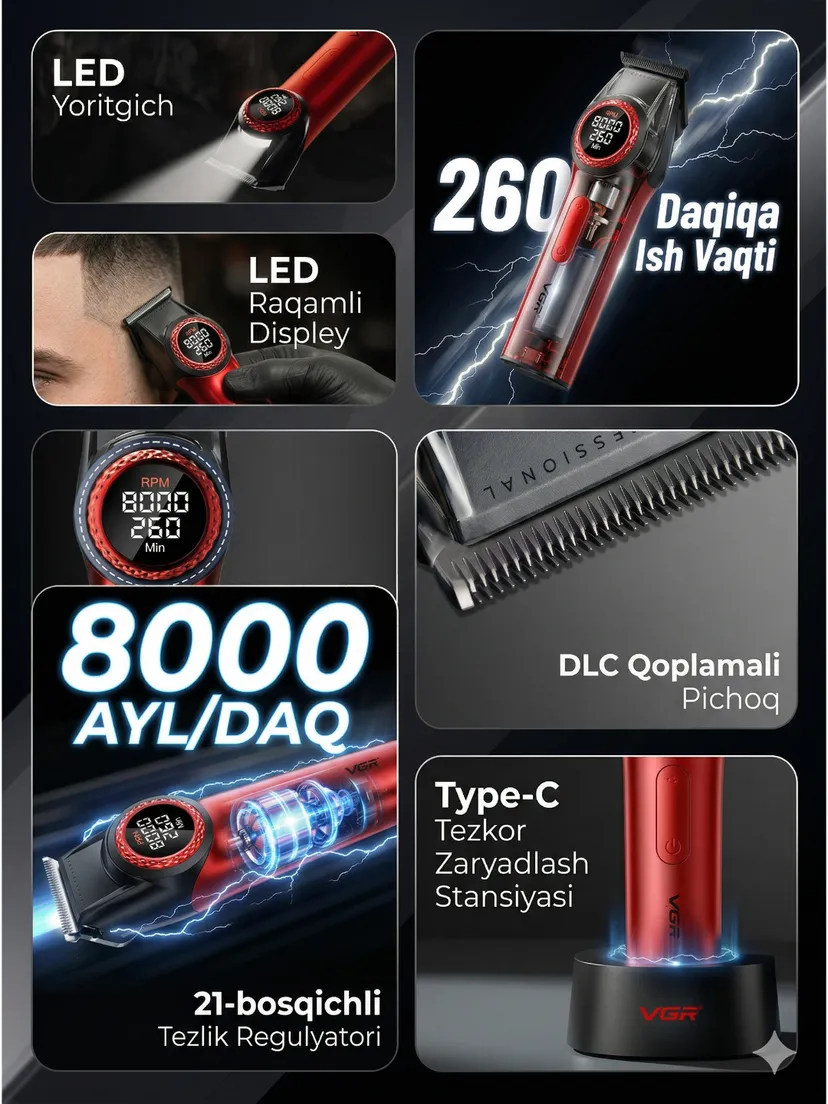Профессиональный триммер для волос и бороды VGR STEPLESS PRO 4IN1, Красный