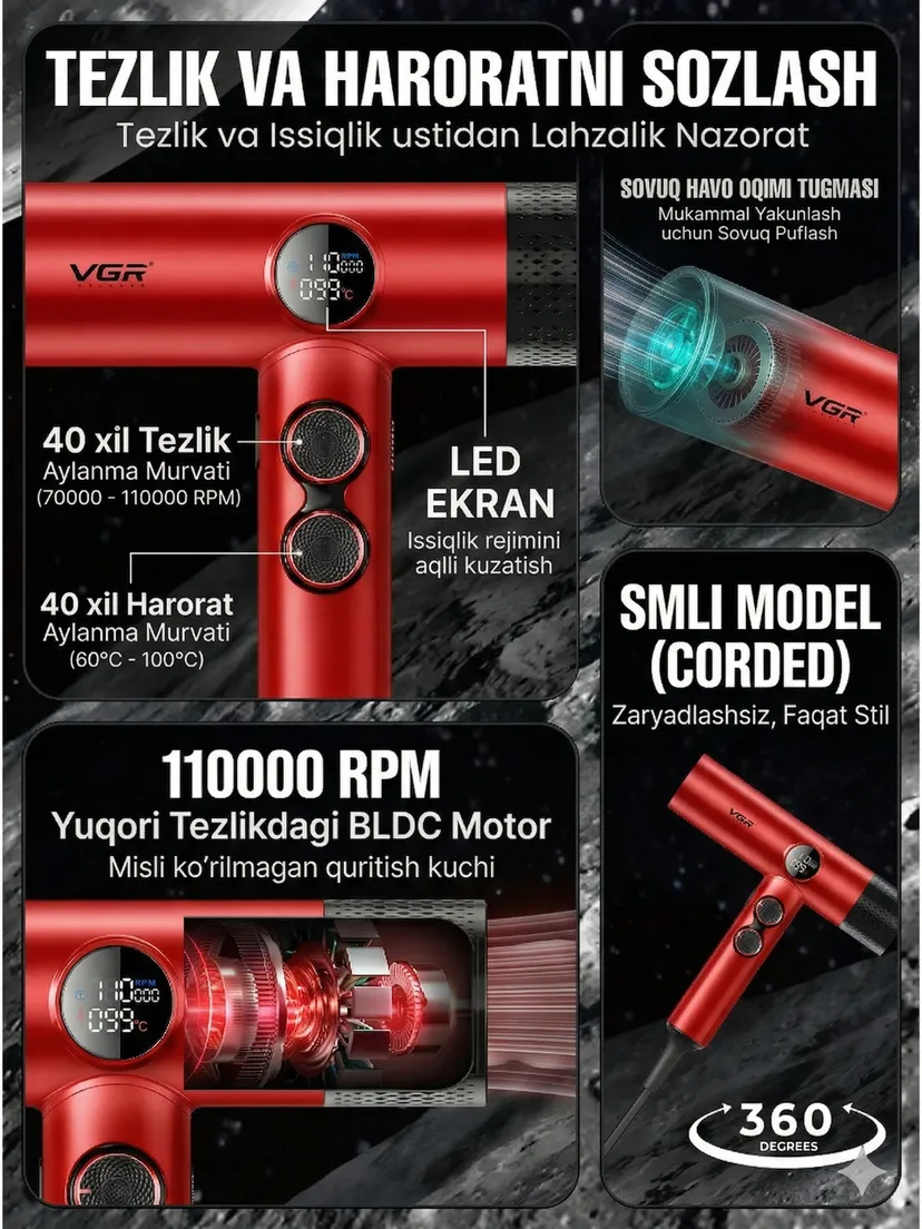 Профессиональный триммер для волос и бороды VGR STEPLESS PRO 4IN1, Красный