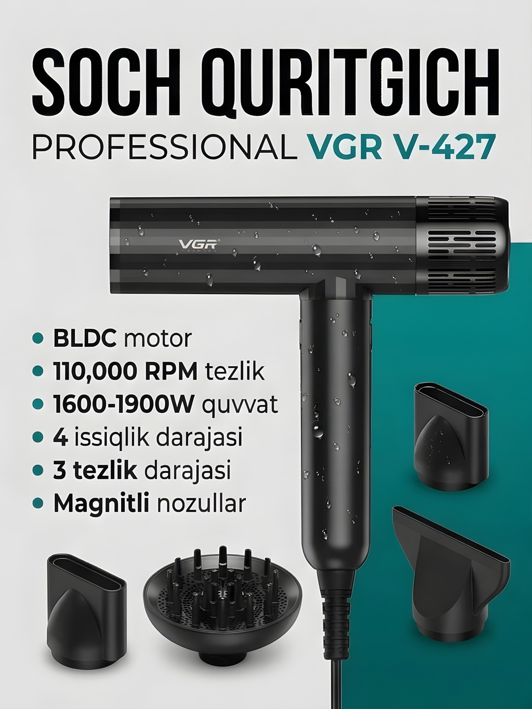 Quritish va turmaklash uchuni professional soch quritgich, Fen 3 ta qo'shimcha, ionlash