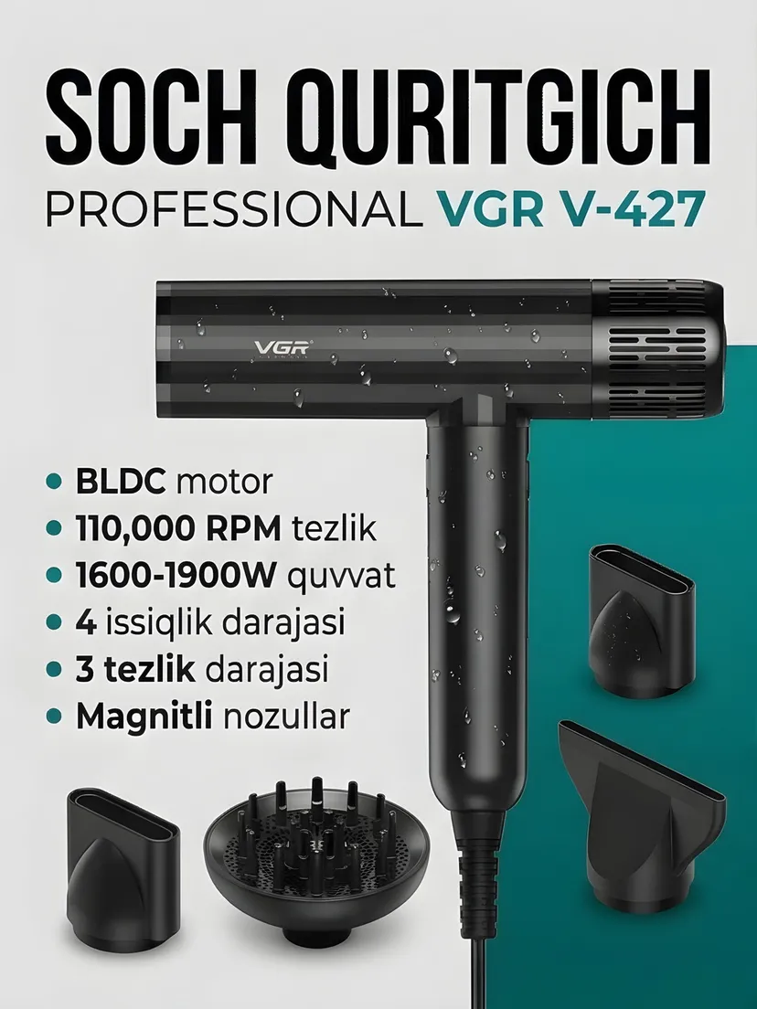 Профессиональный фен для волос VGR V-427, Черный