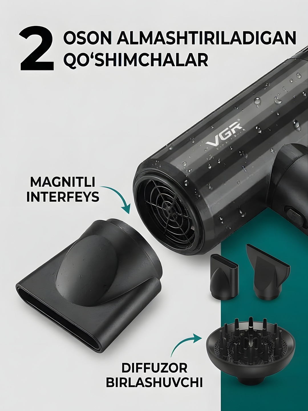 Quritish va turmaklash uchuni professional soch quritgich, Fen 3 ta qo'shimcha, ionlash - 4