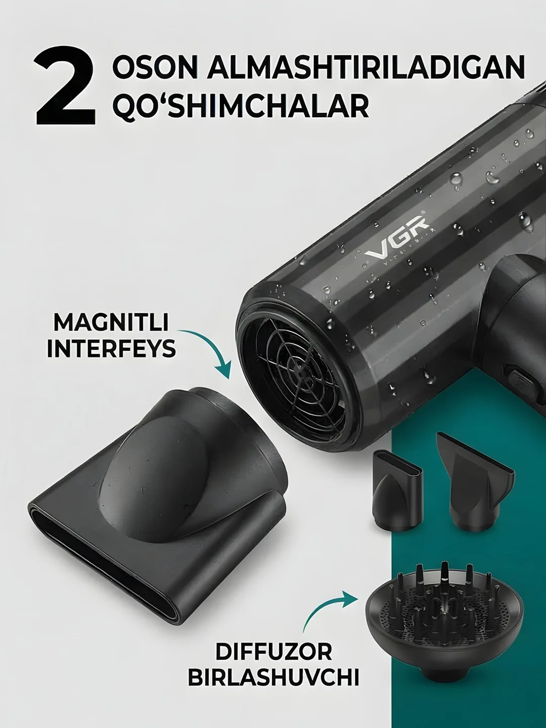Quritish va turmaklash uchuni professional soch quritgich, Fen 3 ta qo'shimcha, ionlash