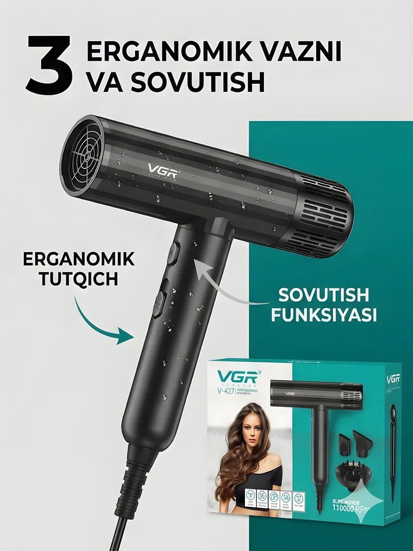 Профессиональный фен для волос VGR V-427, Черный