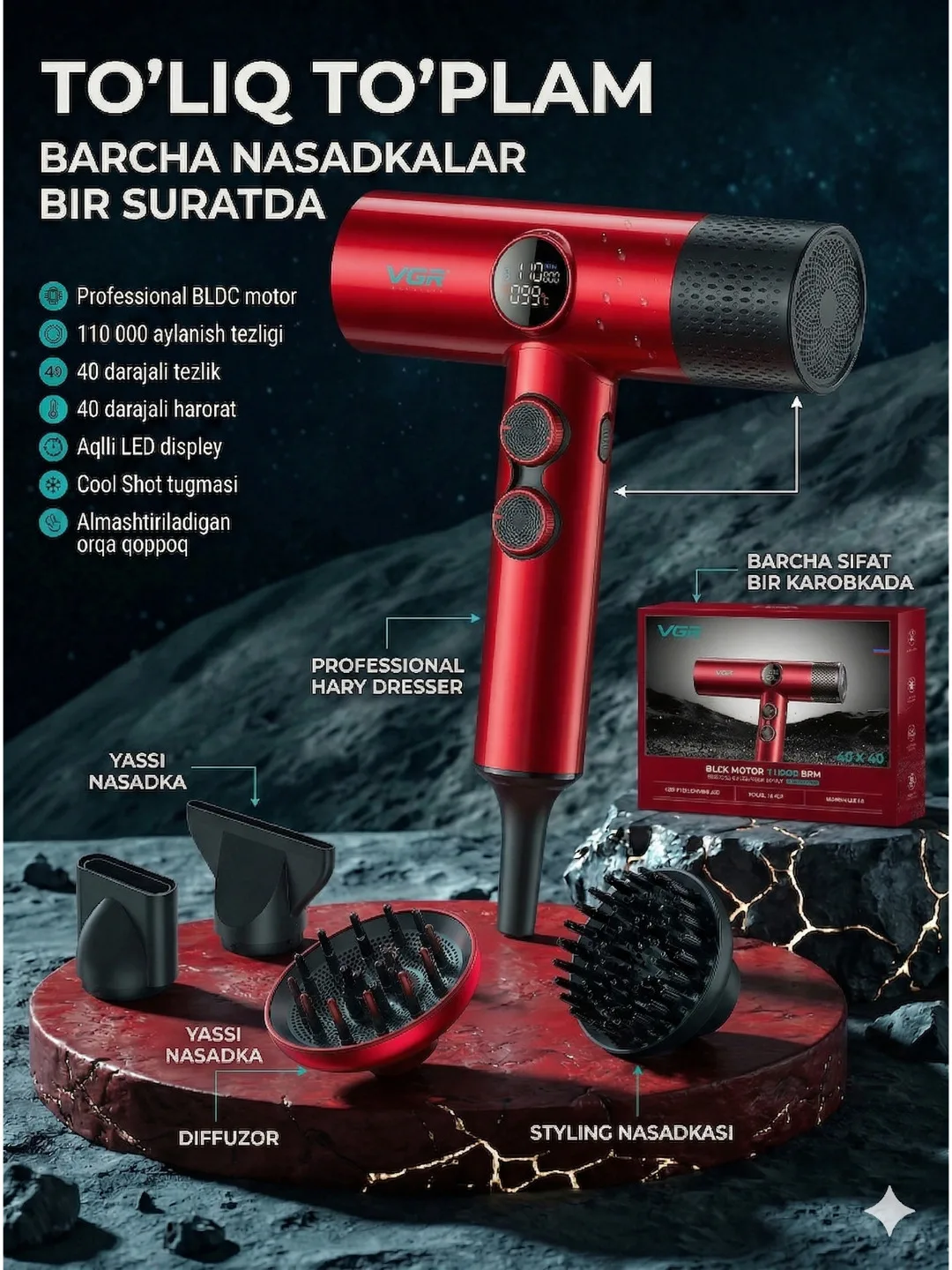 Professional soch qurutgich VGR V-401, quritish, stilash, 3 ta moslama, ionlash uchun, Fen